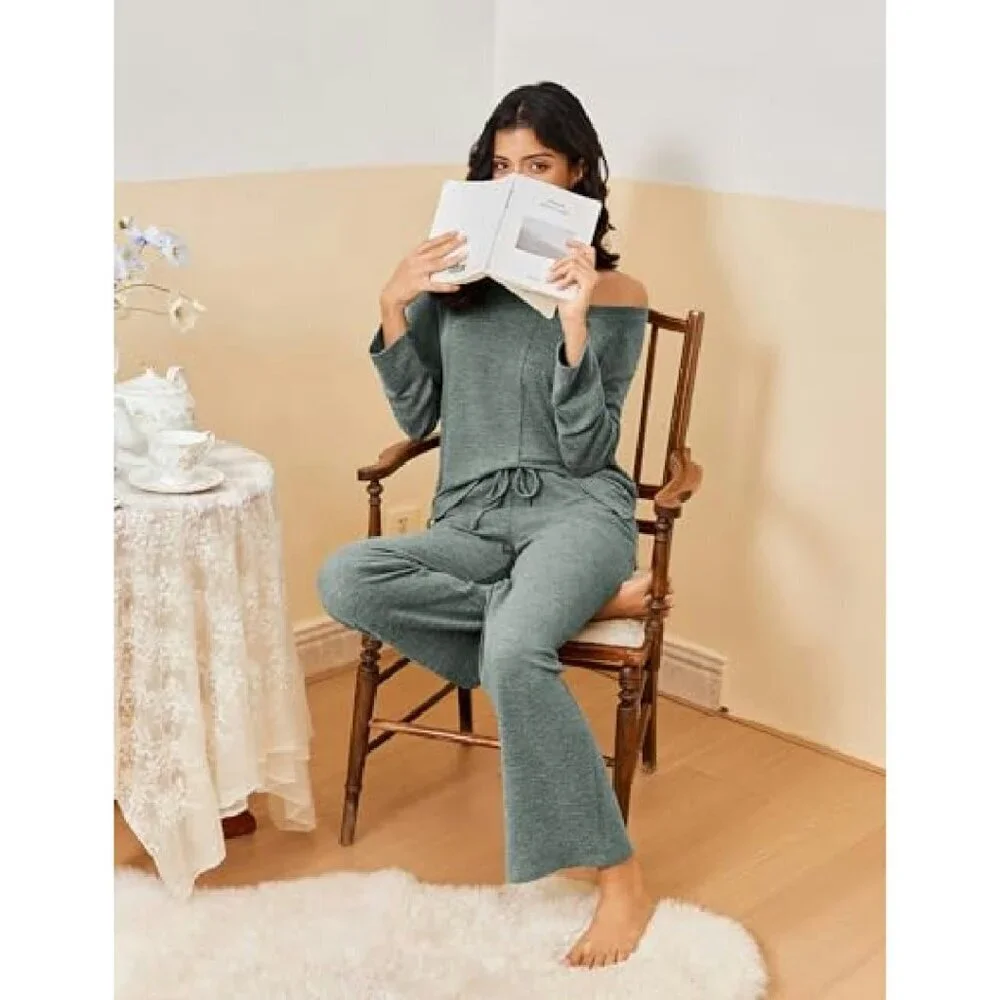 Soft Long Sleeve Pajama Set V-Neck Lounge Wear S-XXL